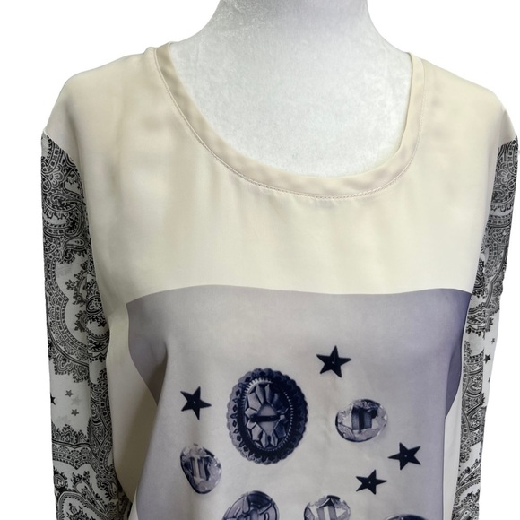 Maison Scotch Beige Black Graphic Top 3/4 Sleeves Size S - Picture 5 of 10